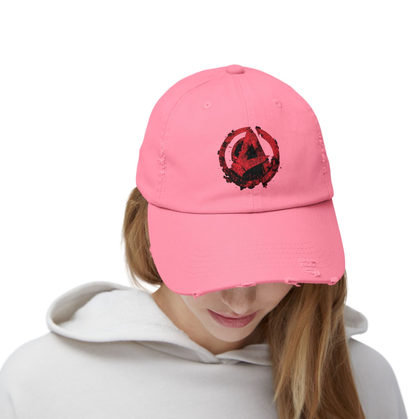 Urban Symbols | Unisex cotton twill cap with "A" featuring a bold red-and-black circular emblem