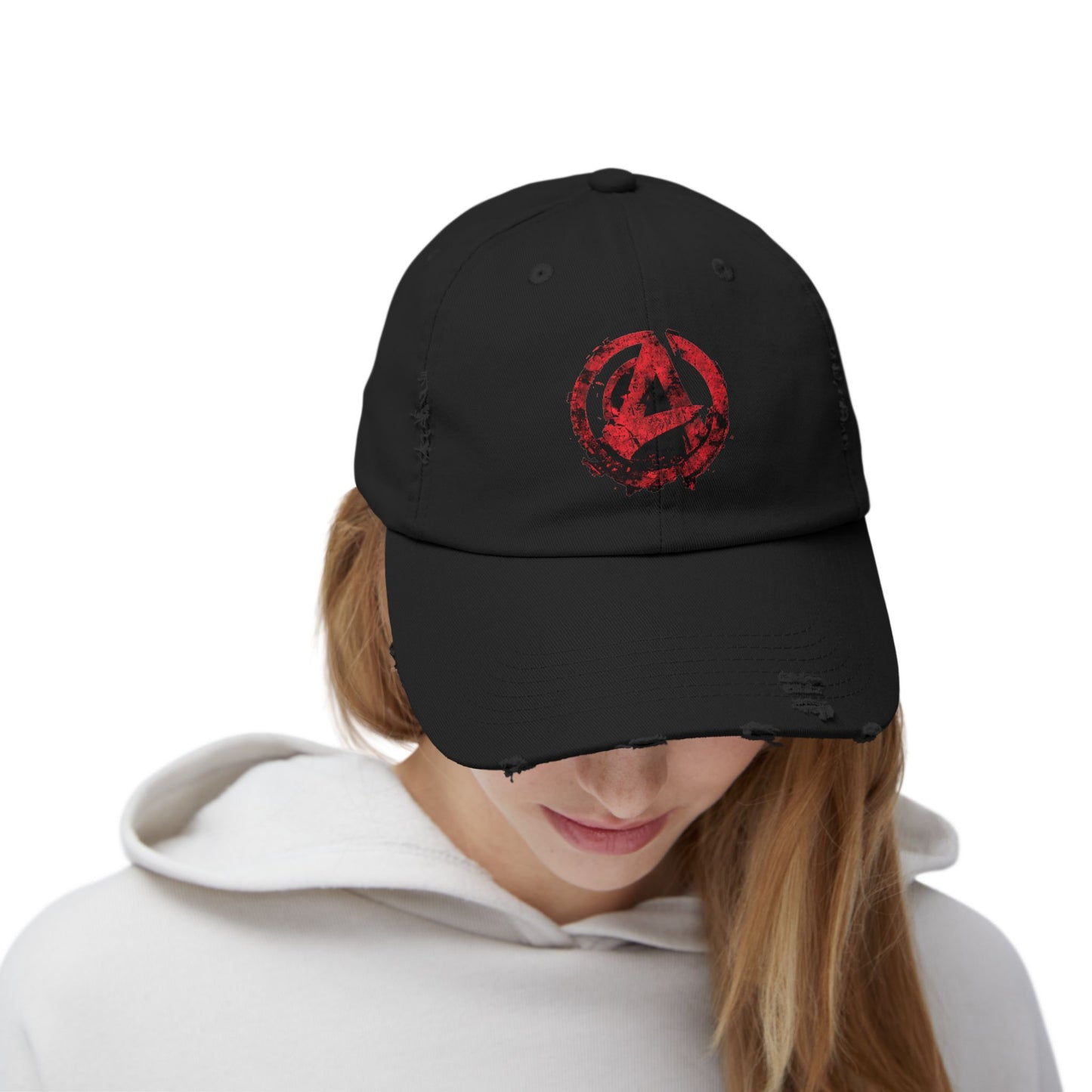 Urban Symbols | Unisex cotton twill cap with "A" featuring a bold red-and-black circular emblem