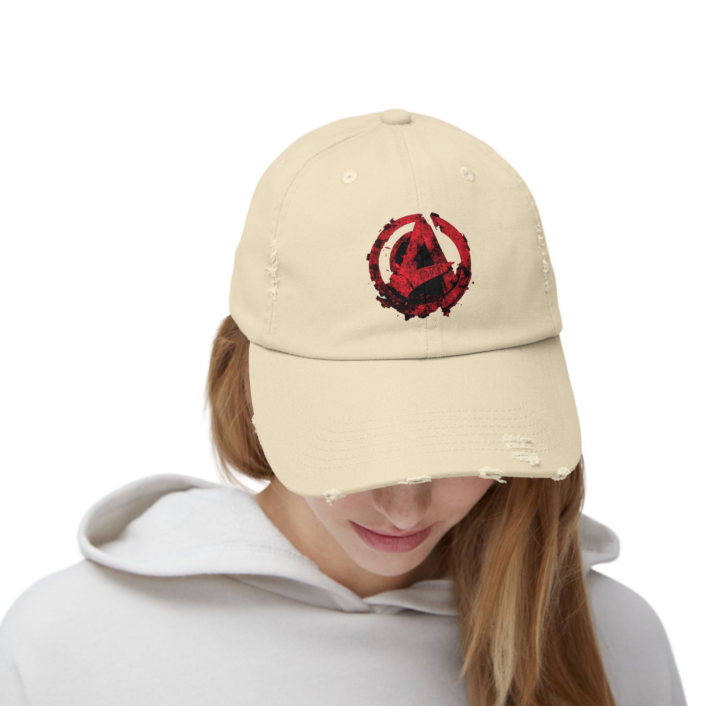 Urban Symbols | Unisex cotton twill cap with "A" featuring a bold red-and-black circular emblem