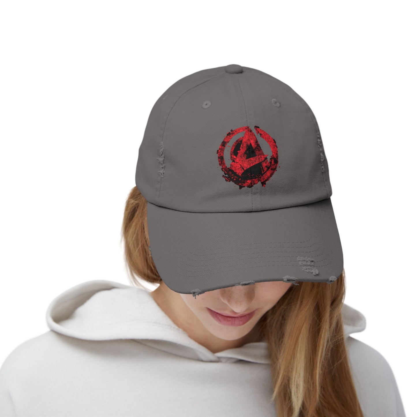 Urban Symbols | Unisex cotton twill cap with "A" featuring a bold red-and-black circular emblem