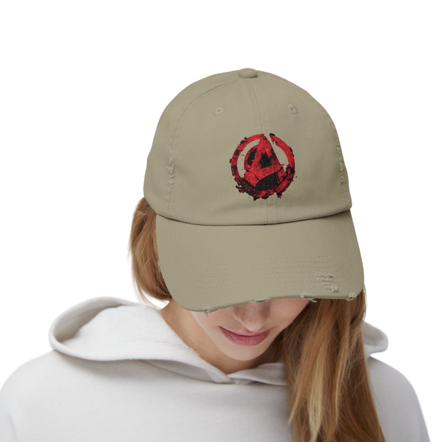 Urban Symbols | Unisex cotton twill cap with "A" featuring a bold red-and-black circular emblem